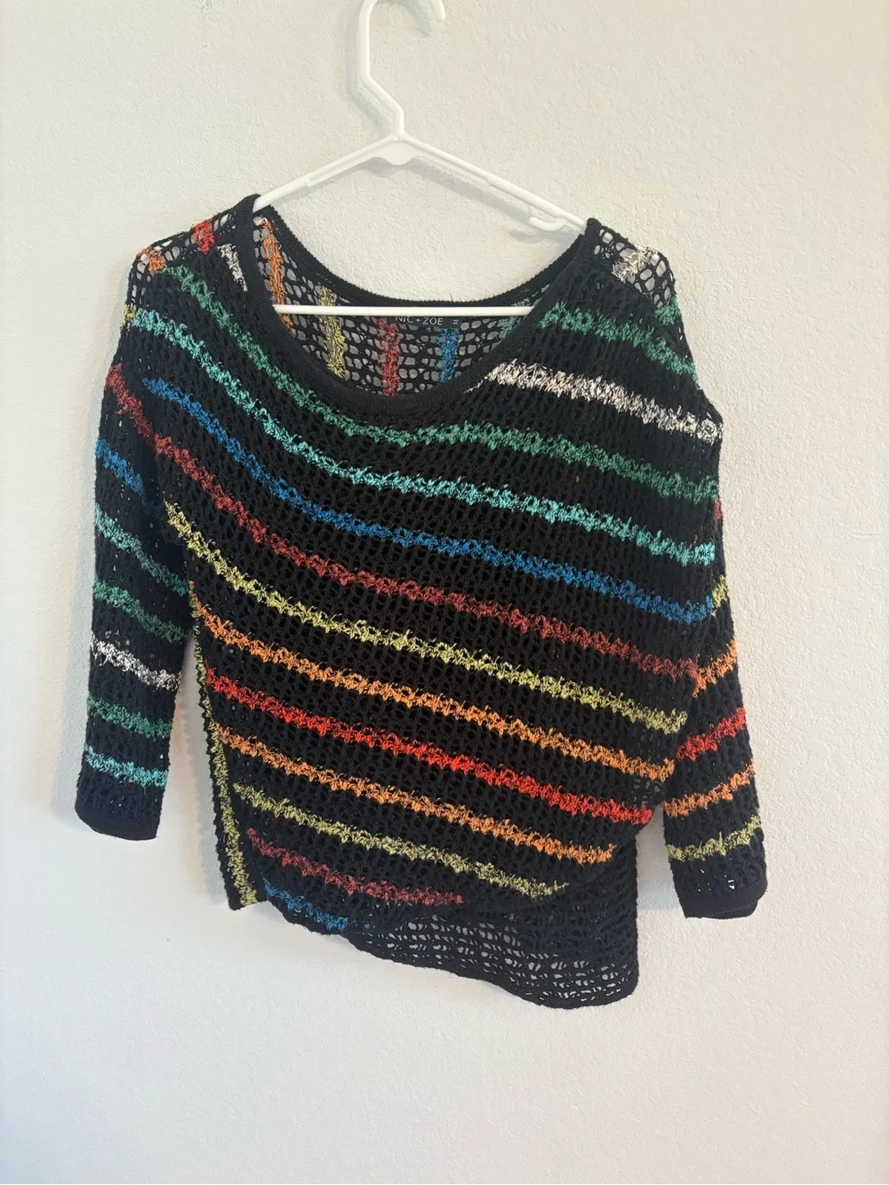 NIC+ZOE Rainbow Striped Open Knit Crochet Pullover Sweater